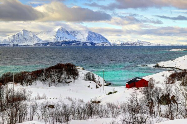 Landscape of icy mountains along the river