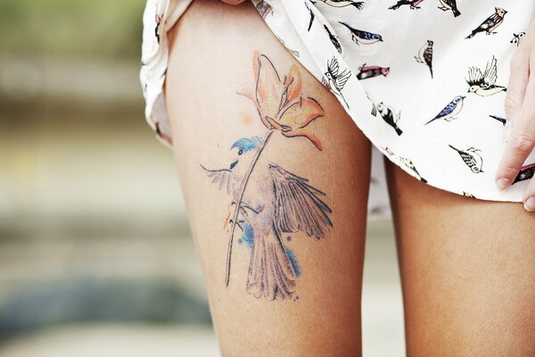 Tattoo on legs and a dress with birds