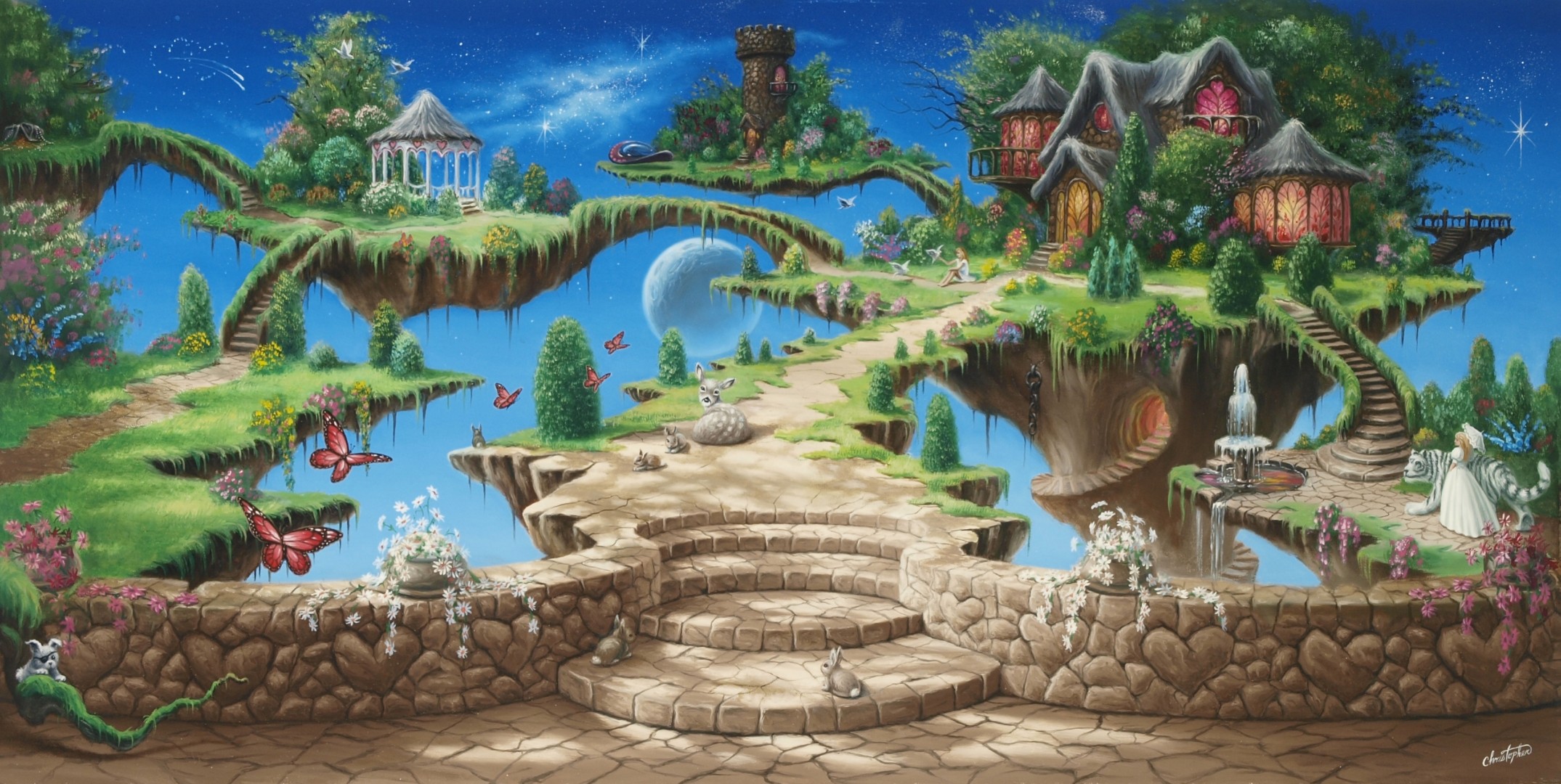 ky birds art flying islands tiger ear flowers fountain fantasy birds girl island lock trees fairy tale castle house tower backlight butterflie