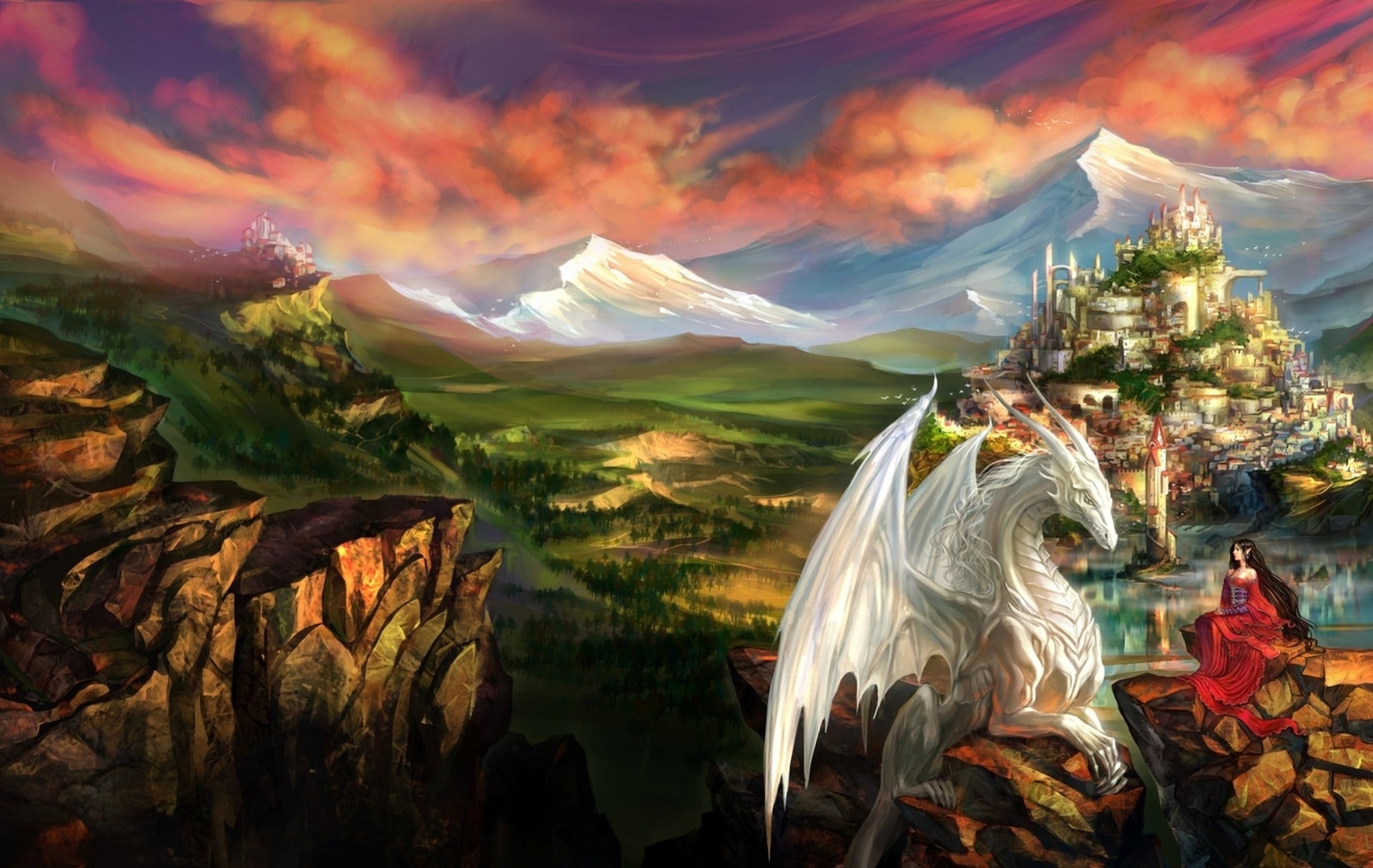 art paysage fille fantaisie verrouillage ville dragon elfe montagnes rochers