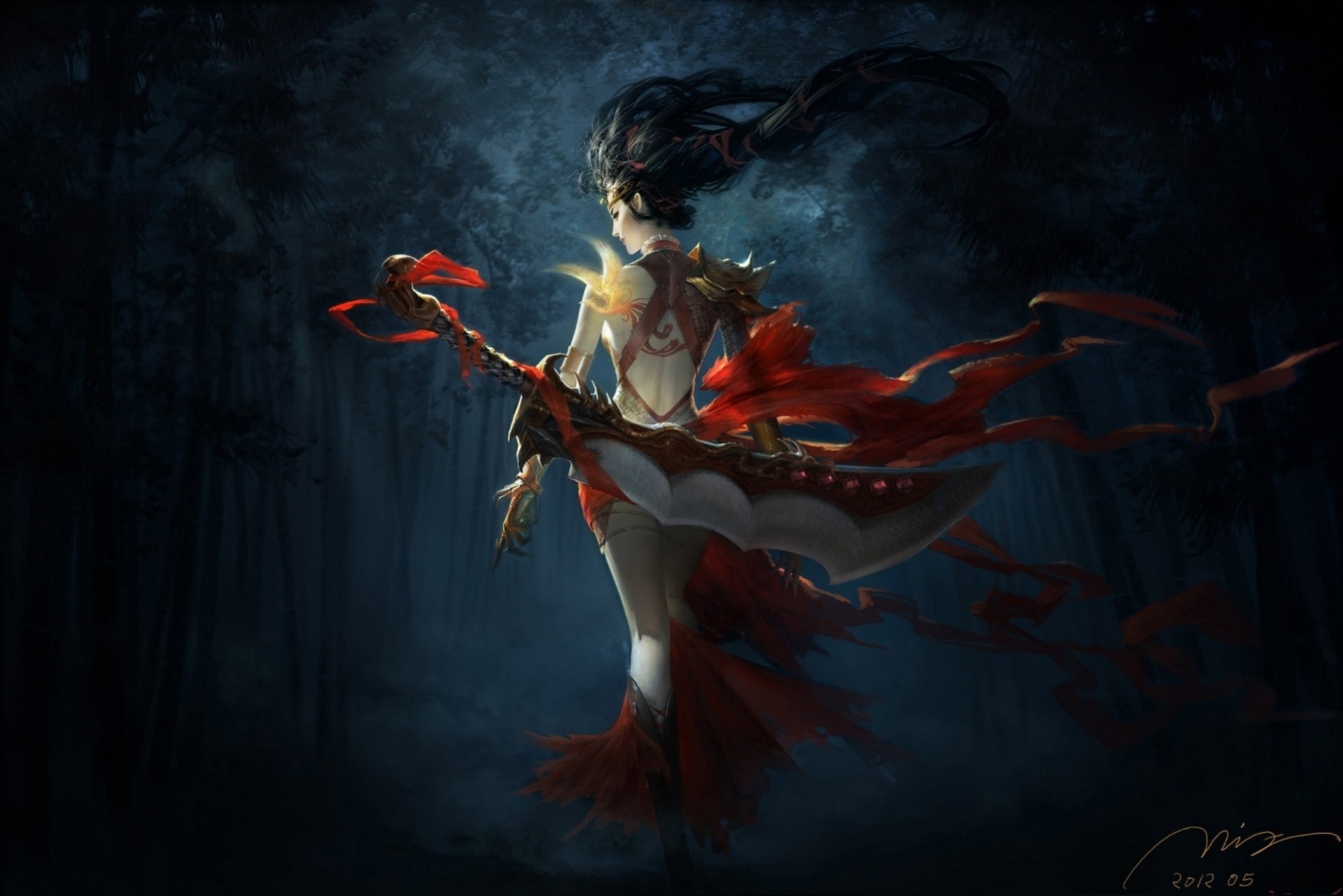 art dark girl back birds woods sword tattoo bamboo ribbon weapon warrior night phoenix red