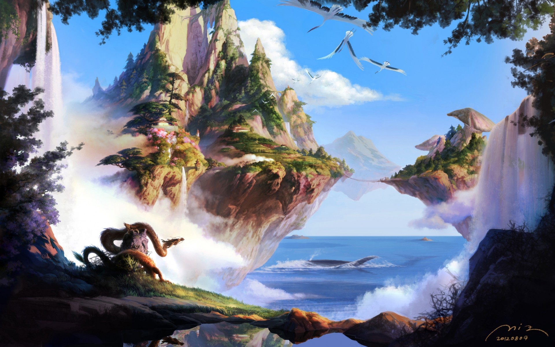 art waterfall nature islands bridge mushrooms fly dragon sea fantasy mountain tree rock bird