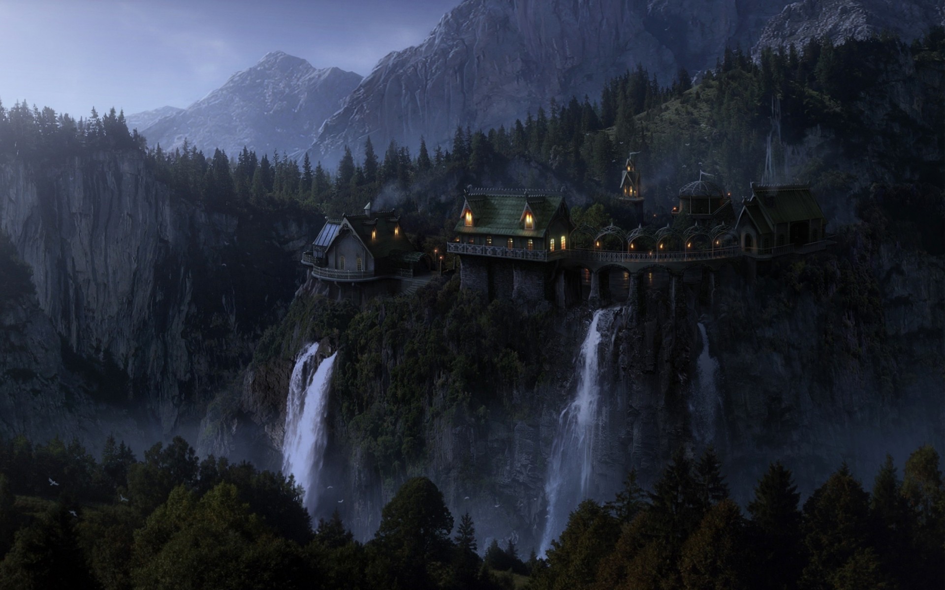 birds forest fantasy mountains birds evening elven castle palm trees waterfalls headlights lights darkness lord of the rings night rocks rocks imladris rivendell elrond castle