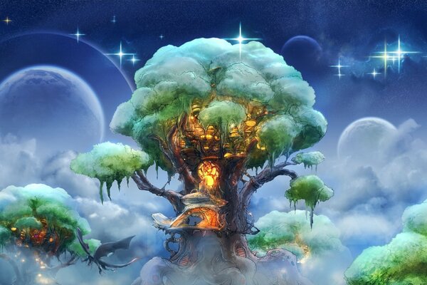 A tree house in the sky among the stars