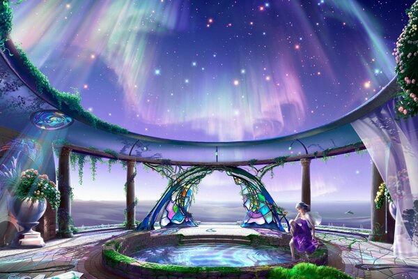 Princesa sentada en una fuente frente a la puerta de ópalo al amanecer de la Aurora boreal