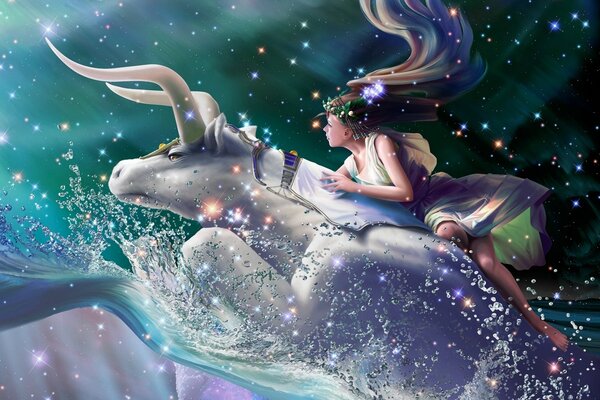 A girl on a fabulous bull goes to another galaxy