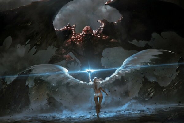 Angel girl vs demon. Good and evil. Magic