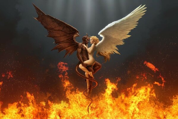 Angel and demon in the embrace of fire