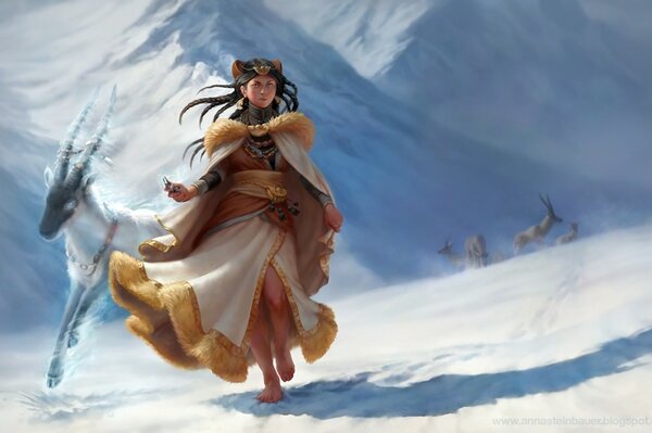 Art art, a girl barefoot around the snow and mountains she is challenged by a goat depingo, his horns like electric animals in the background