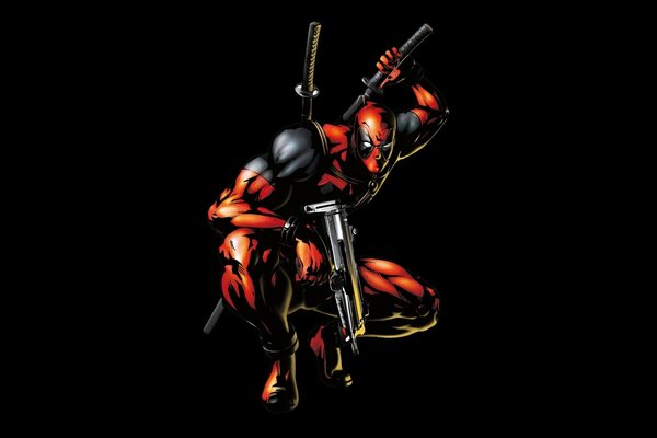 Супер герой комиксов marvel Дэдпул он ниндзя на черном фоне, на спине оружие, он летающая крепость
