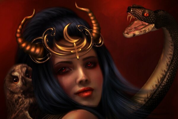 Lilith girl with dark hair with snake and owl