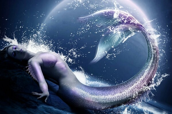 Mermaid on the rocks by the sea under the moon