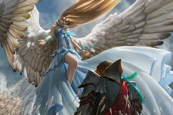 Ein Mädchen mit riesigen Flügeln verführt einen Reisenden