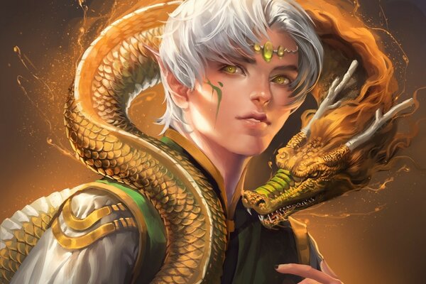 Elfe homme avec dragon jaune