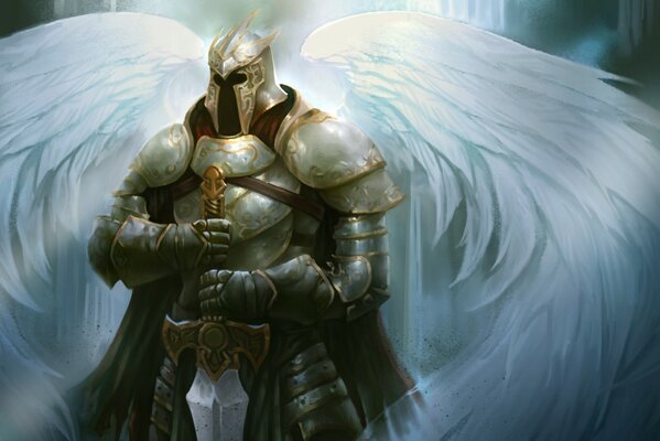 Арт искусство, ангел держит меч на нем доспехи и шлем, крылья без доспех