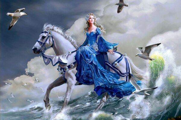 A girl on a horse in the waves of the sea and seagulls are flying around