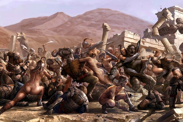 Арт битва амазонок и воинов в руинах