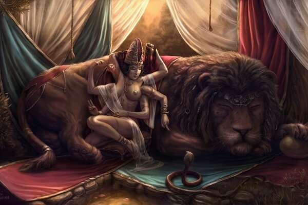 Figura de una diosa con un gran León