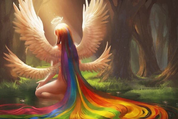 Девушка с разноцветными волосами и крыльями в лесу