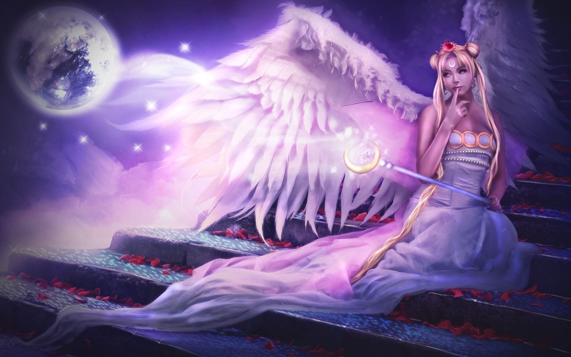 planet girl clouds ladder bar angel fantasy serenity magic tiara wing