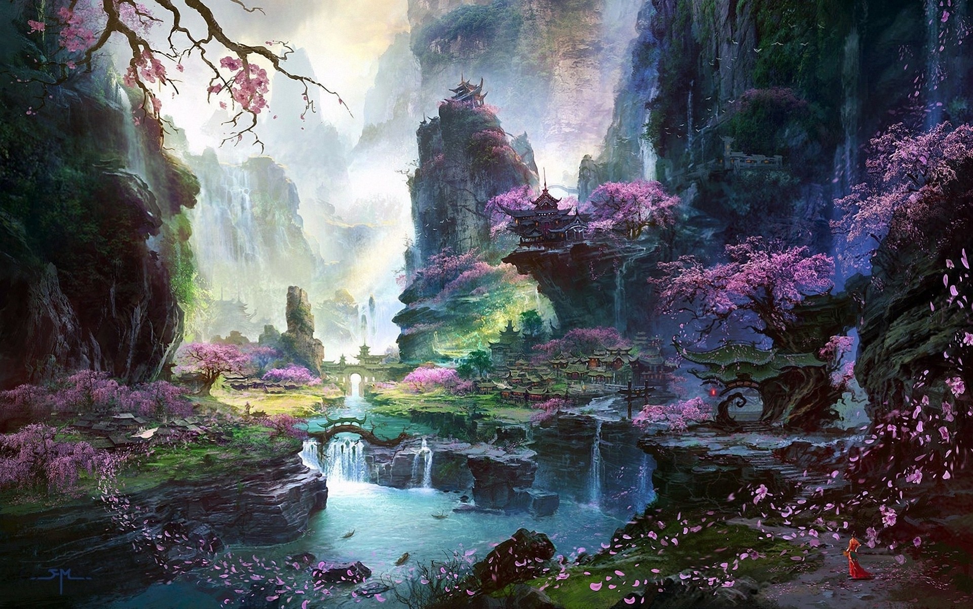 tempel kunst landschaft mädchen wasserfall fluss asien bäume felsen sakura berge blütenblätter