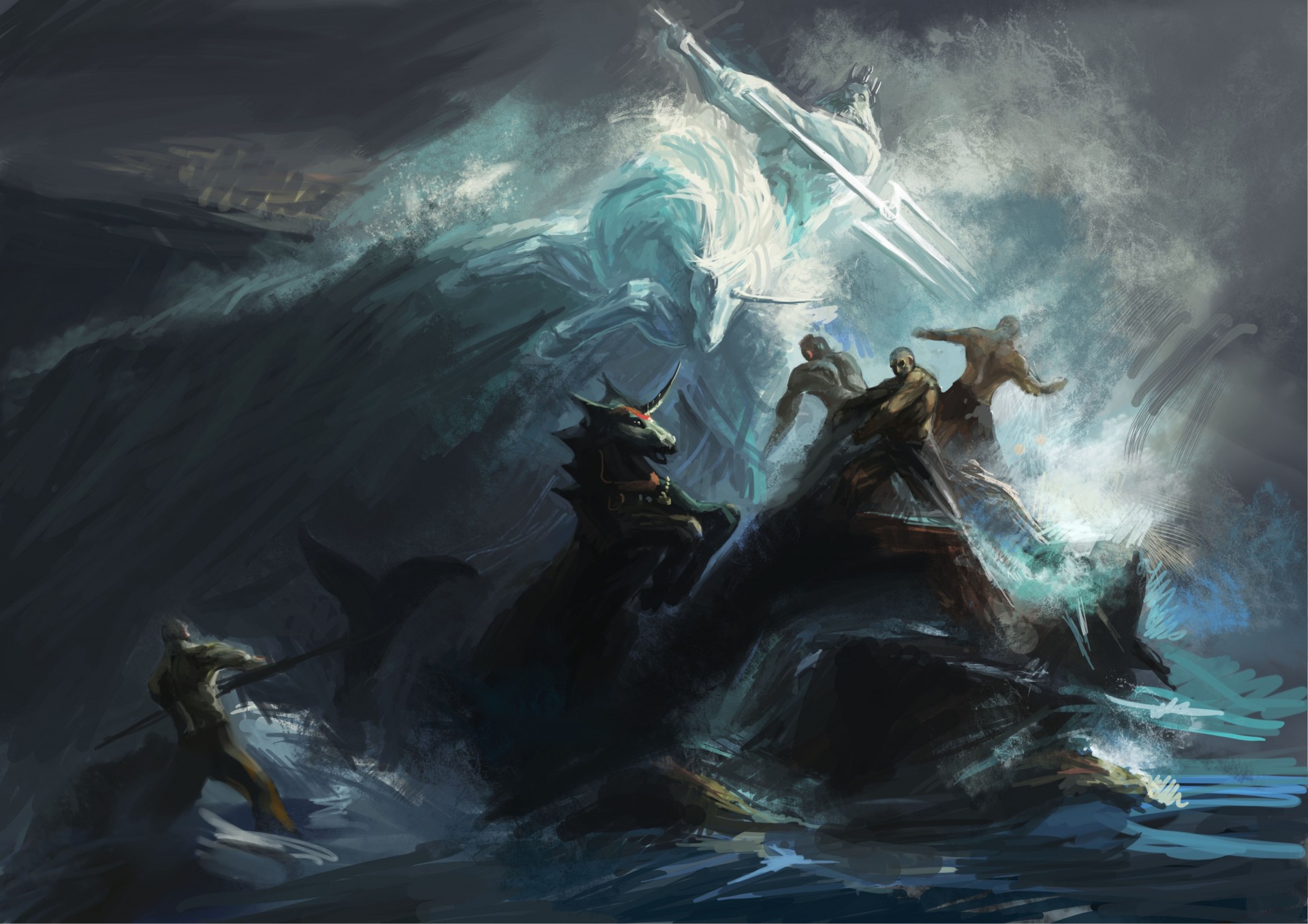 art vague océan bataille mer trident tempête shuyinnosi poséidon skyrim licorne roches gens