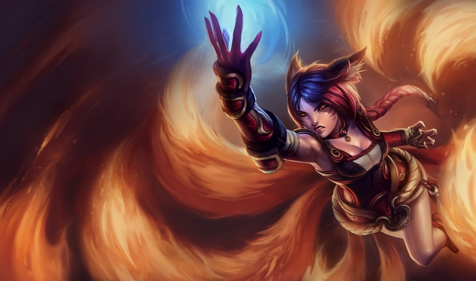 league of legends dziewczyna zbroja ahri uszy zwierząt płomień