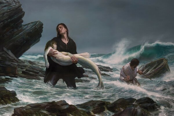 A man carries a mermaid in his arms in a storm