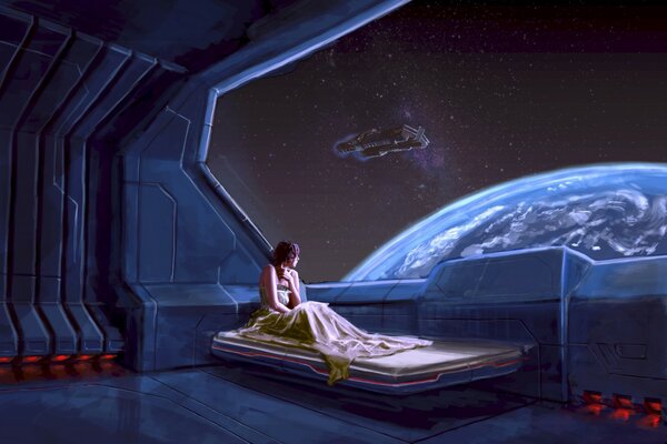 A girl on a spaceship with a view of the earth