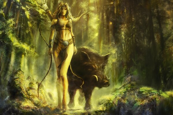 Elf girl with wild boar