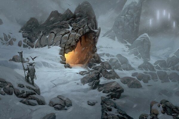 Viking snow cave near the fire in the mountains