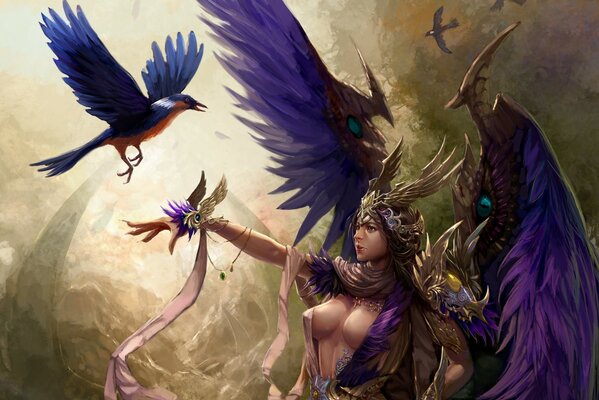 A girl with purple wings on a background of birds