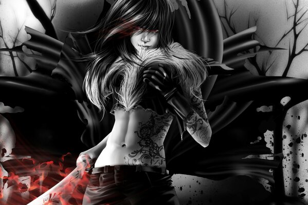 Una chica con un tatuaje con una espada en la mano