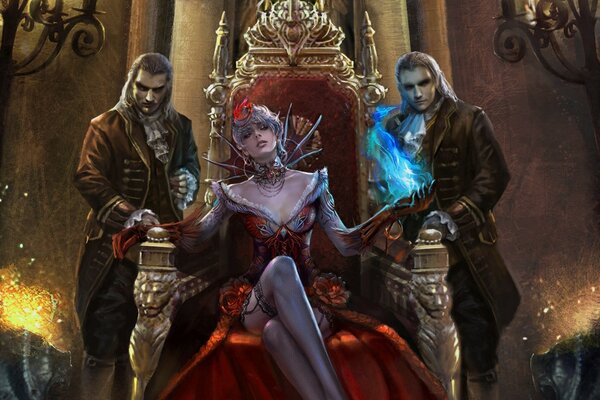 Волшебница-вампир в красном платье сидит на троне в окружении двух мужчин