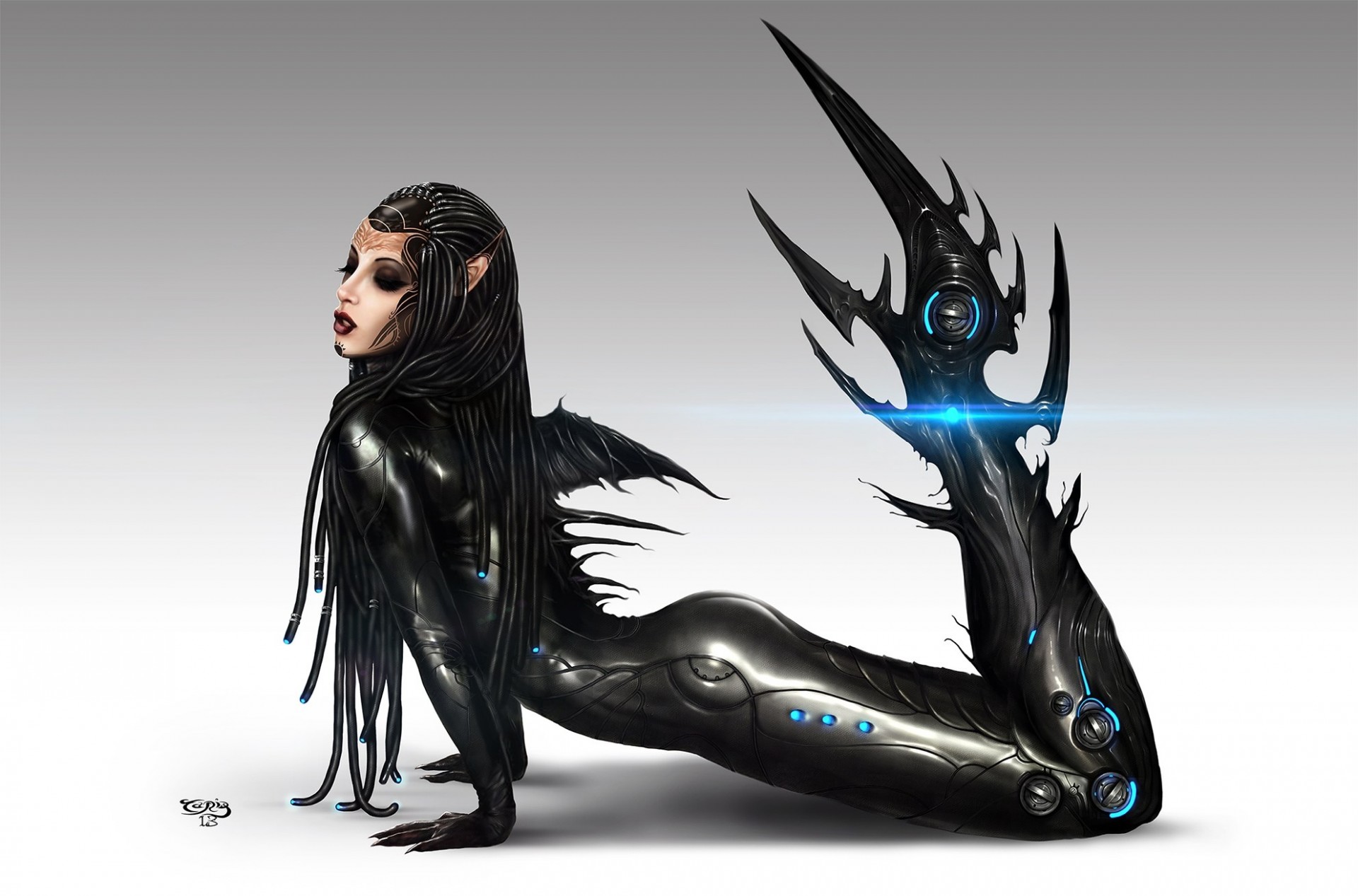 arte ragazza posa sirena nero profilo fantascienza coda cyborg