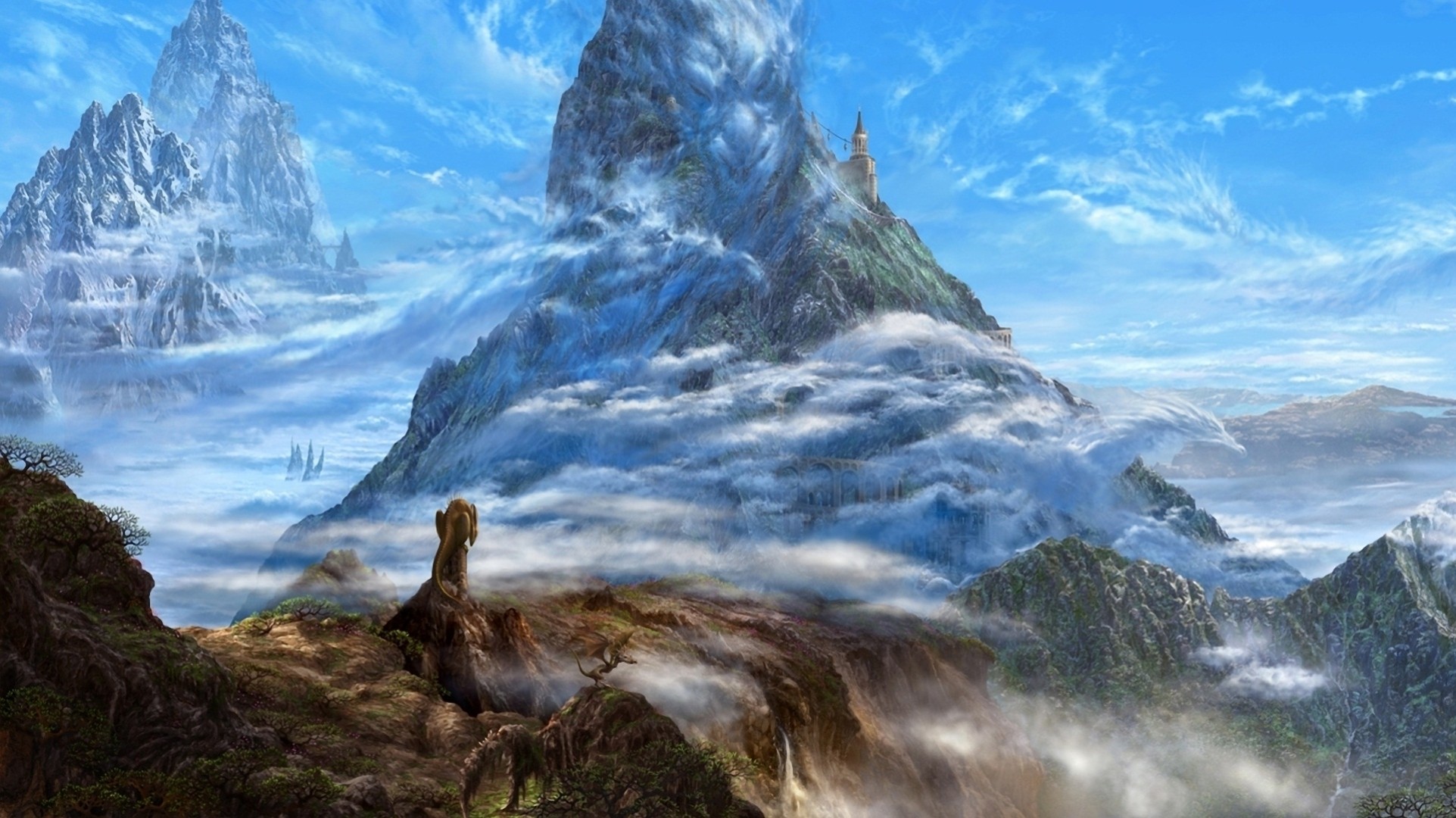 ucchiey art lock dragons kazamasa uchio clouds fantasy mountain rock