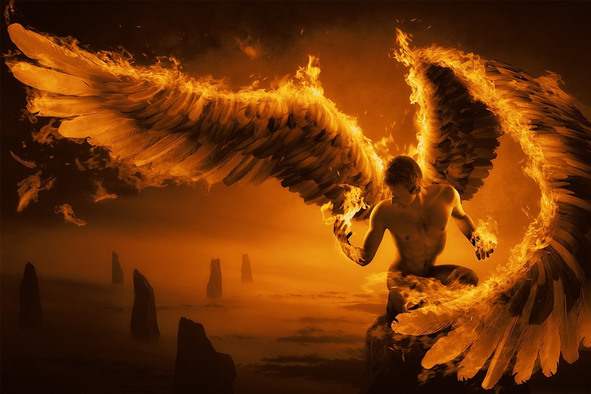 art fire feathers wings man rock