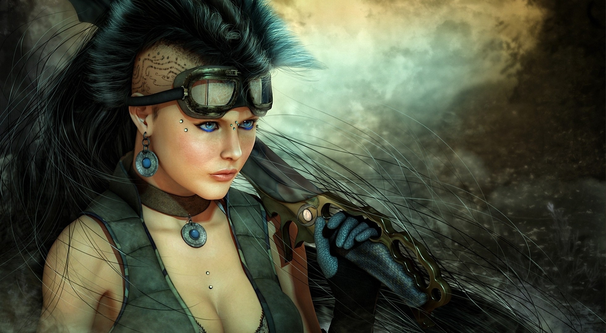 art weapon girl knife tattoos sunglasses sword cyberpunk mohawk of the blade piercing