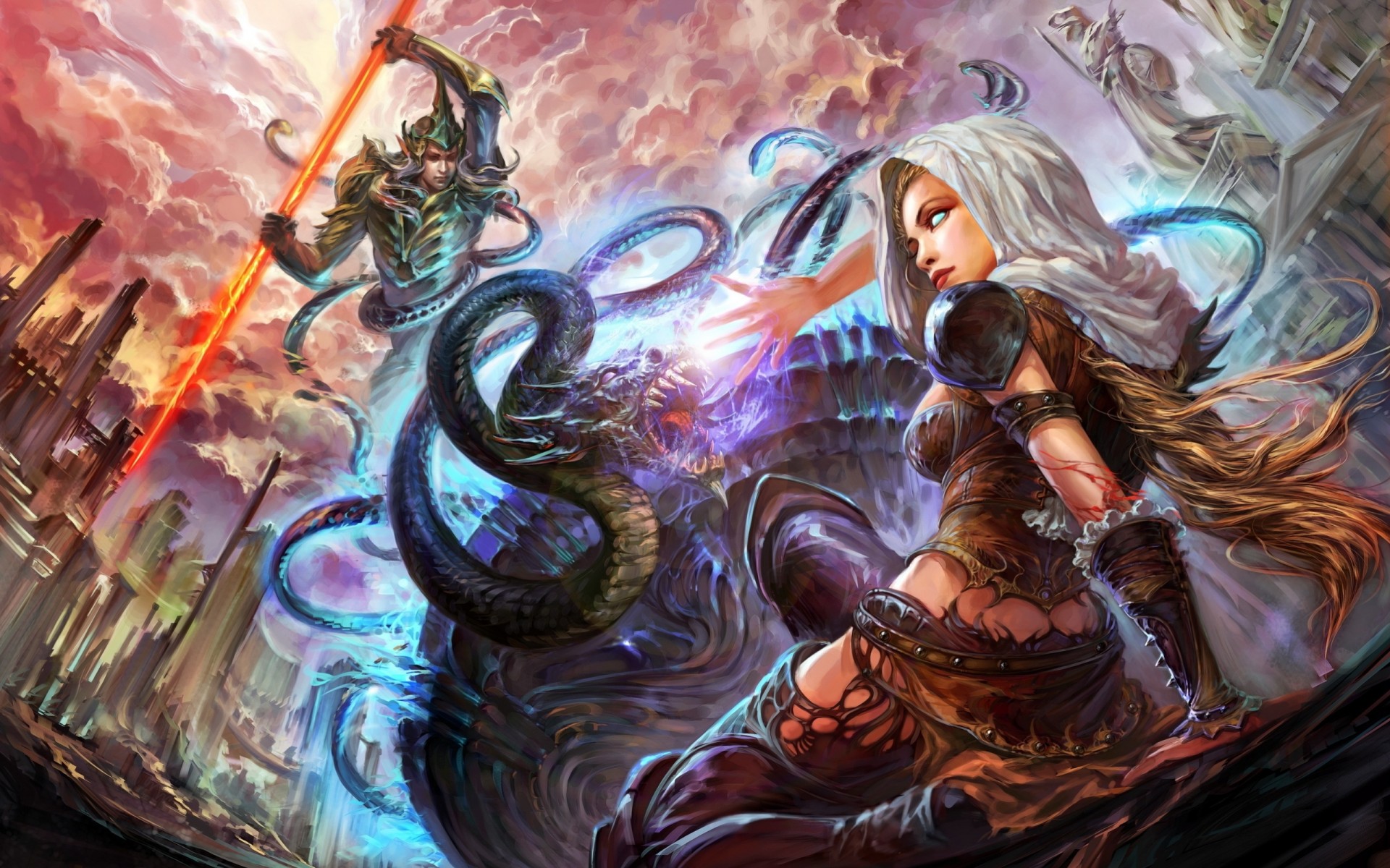 forsaken world art girl dragon battle spear man