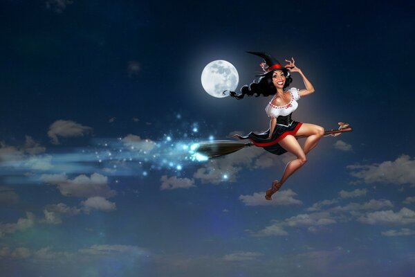 A painted witch is flying on a broom against the background of the moon