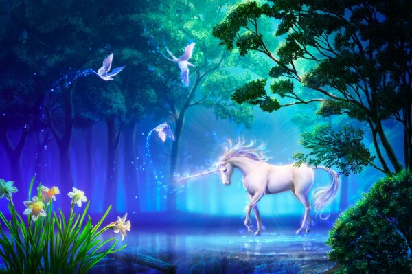 A white unicorn in a blue lake