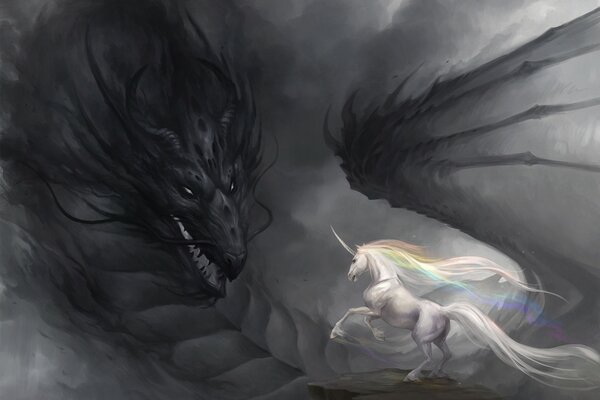 Dragón negro y unicornio blanco