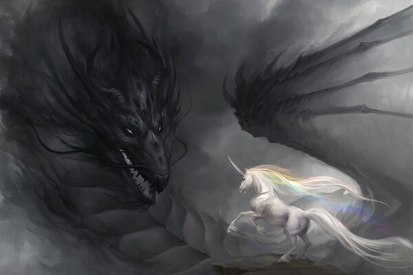 Dragon noir et licorne blanche