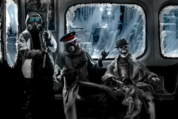 Capitán, esqueleto, francotirador con rifle en el metro