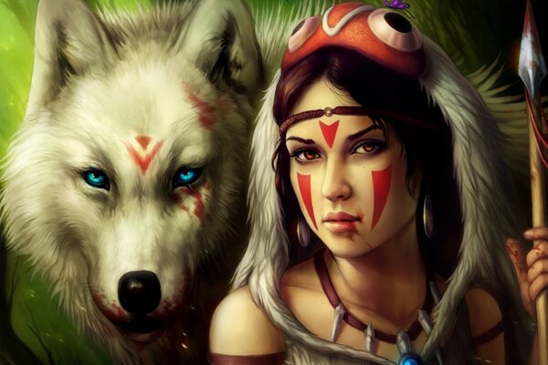 Guerrier fille avec une lance et un loup blanc aux yeux bleus