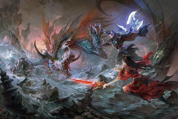 The battle of dragons and humans at the rocks