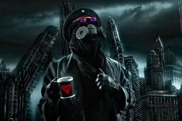 A ruined city. The mask likes coffee