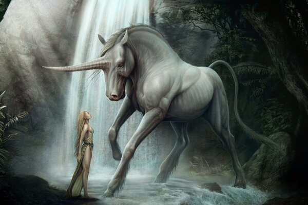 A girl and a unicorn. Meeting at the waterfall