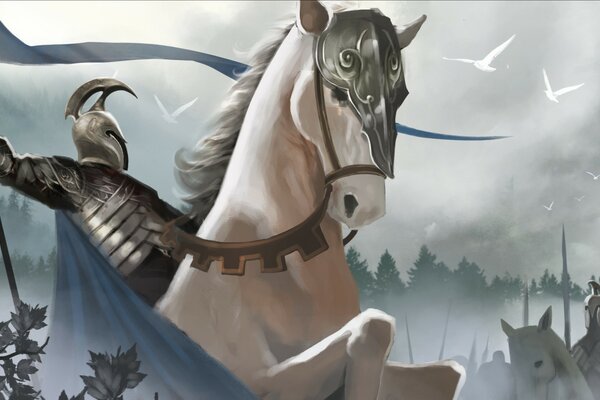 Воин в доспехах на белой лошади