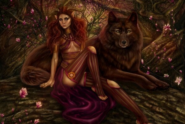 Schönes Mädchen mit Hörnern neben einem Wolf. Kunst-Design